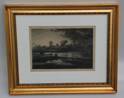 Radering: Carl Locher 1898 Aftenstemning ved søbredden 29.5 x 25.7 cm inklusiv ramme