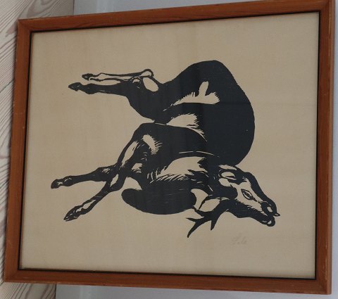 No 379 Axel Salto: Død Raabuk Signeret Træsnit 31 x 35.5 cm