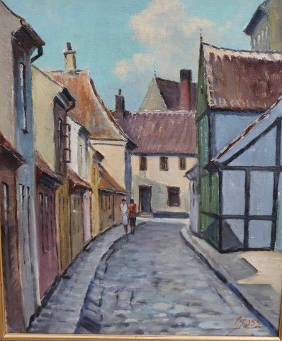 Klokkestøbergade i Aalborg. Maleri Einar Gross Olie på lærred. 64 x 54 cm inklusiv samtidig guldramme